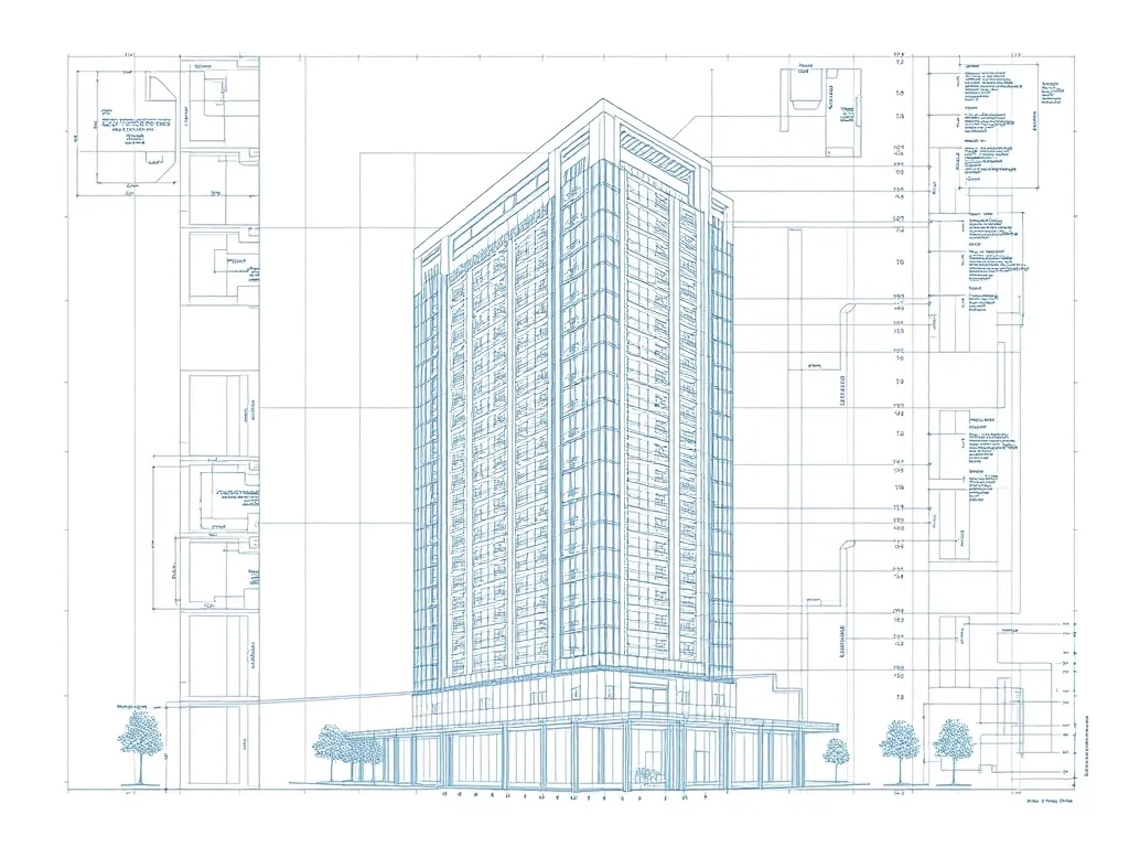 A technical architectural blueprint of a modern high-rise re